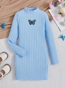 SHEIN 青少女蝴蝶刺繡高領裙 - 藍色 - 查看 1