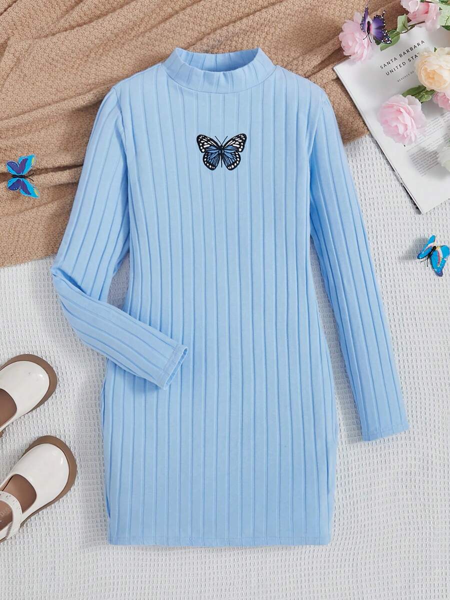 SHEIN 青少女蝴蝶刺繡高領裙 - 藍色 - 查看 1