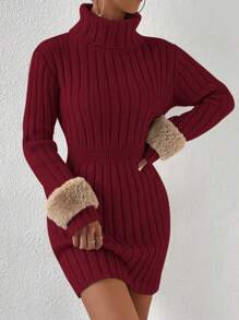 Chiquease 修身羅紋高領毛衣洋裝(不含腰帶) - 紅色 - 查看 3