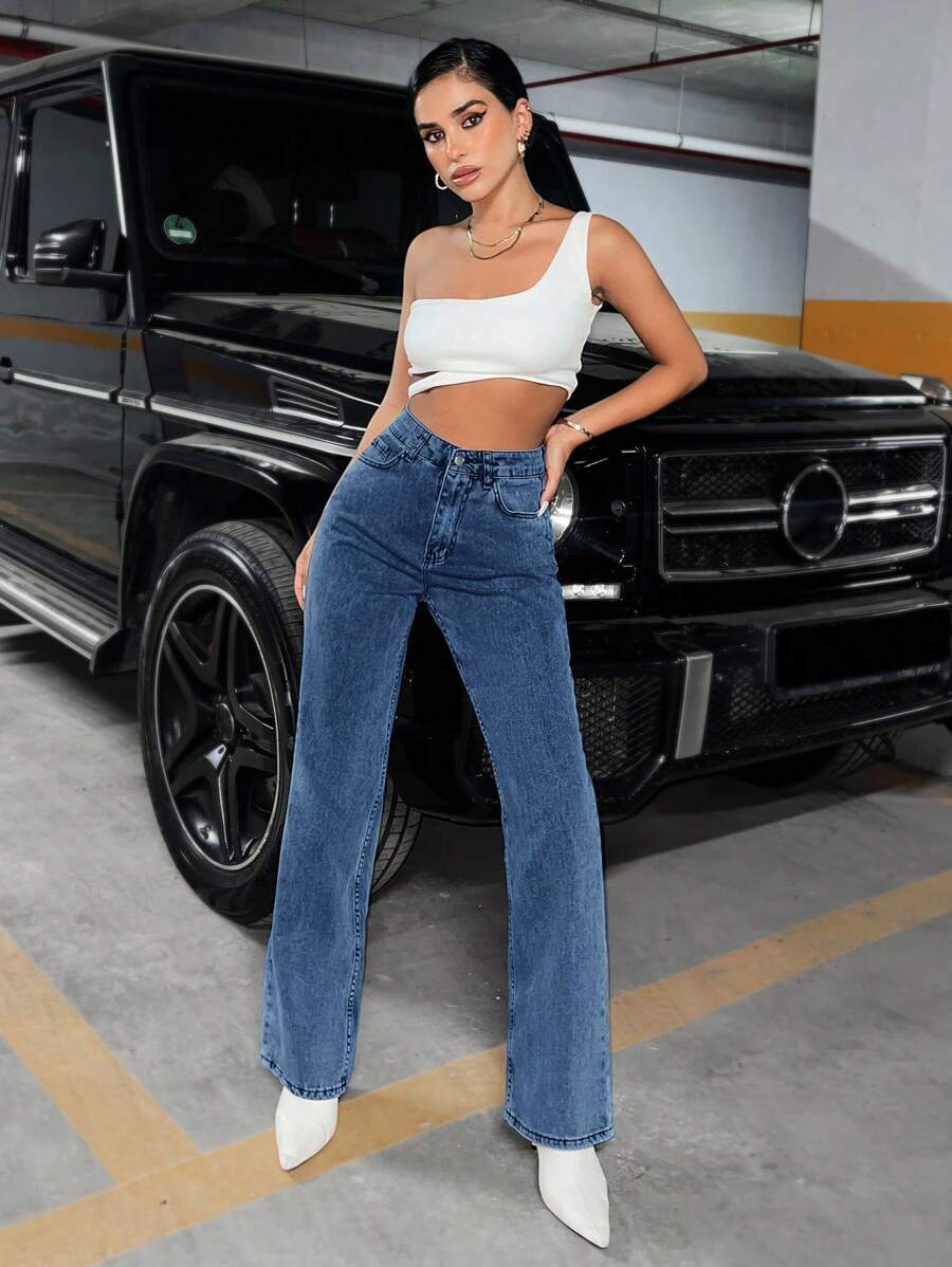 SHEIN Cottnline High Waist Straight Leg Jeans - Dark Wash - View 1