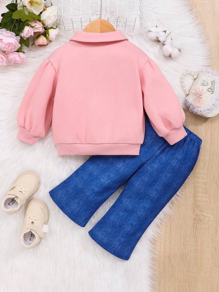 Baby Girl Cute Flower Pocket Lapel Jacket & Wide Leg Pants Set