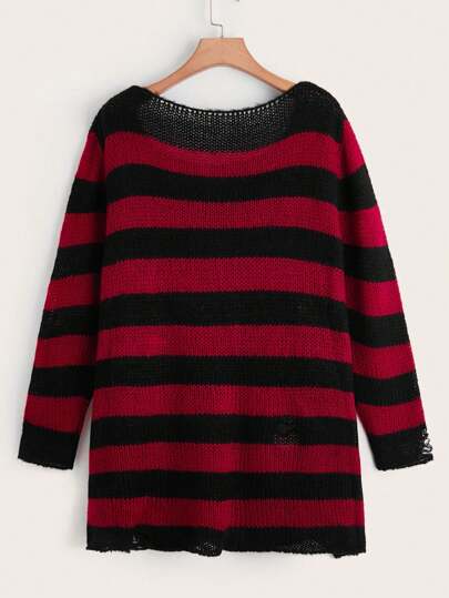 Women's Plus Size Distressed Stripe Long Sweater, For Winter