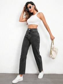 高腰媽媽牛仔褲 - 深灰色 - 查看 3