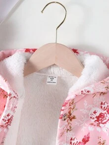 SHEIN Girls' Flower Print Thermal Lined Hooded Jacket - Pink - View 3