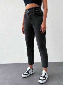 RueChic Women'S Button Front Cropped Denim Jeans - Dark Grey - View 4