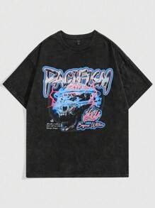 ROMWE MEN Street Life Men Animal & Letter Print T-Shirt - Black - View 1