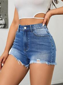 Women's Distressed Frayed Hem Denim Shorts - Medium Wash - View 5