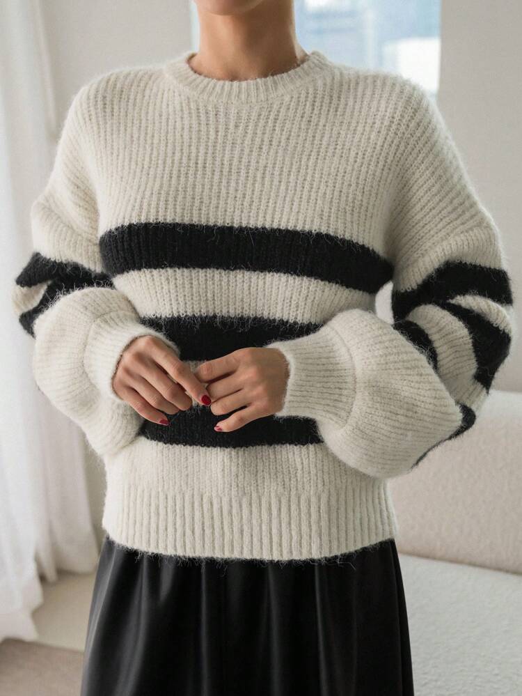 Women'S Striped Plush Drop Shoulder Sweater With Back Ribbon Tie Fall