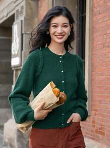 Dazy Star Solid Button Front Cardigan - Green - View 6