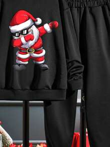 Boys' Casual Christmas Pattern Hoodie And Sweatpants Set - Black - View 4