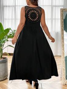 SHEIN LUNE Plus Solid Hollow Out Back Dress - Black - View 3