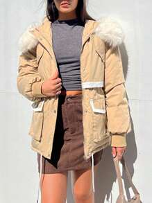SHEIN EZwear Ladies' Contrast Color Border Collar Padded Coat - Khaki - View 5