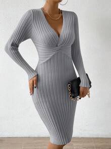 Chiquease 肋織針織連衣裙,帶有打結細節 - 灰色 - 查看 6
