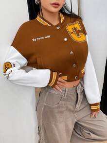 SHEIN Unity 女式字母刺绣拼色棒球夹克 - 彩色 - 查看 3