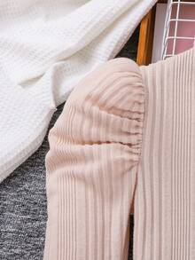 SHEIN Teen Girl高領充氣袖t卹&不對稱下擺配腰帶半裙