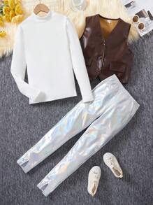 3 Piezas/set Chaleco De Bolsillo Falso Para Chicas Preadolescentes, Conjunto De Camiseta De Cuello Alto De Color Sólido Y Pantalones - Blanco - Ver 4