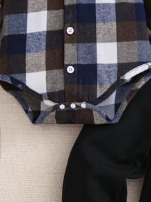 嬰兒男童經典黑白格紋連體褲和褲子套裝 - 黑與白 - 查看 3