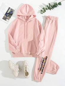 SHEIN EZwear 女士印花連帽衫和長褲套裝 - 淺粉色 - 查看 2