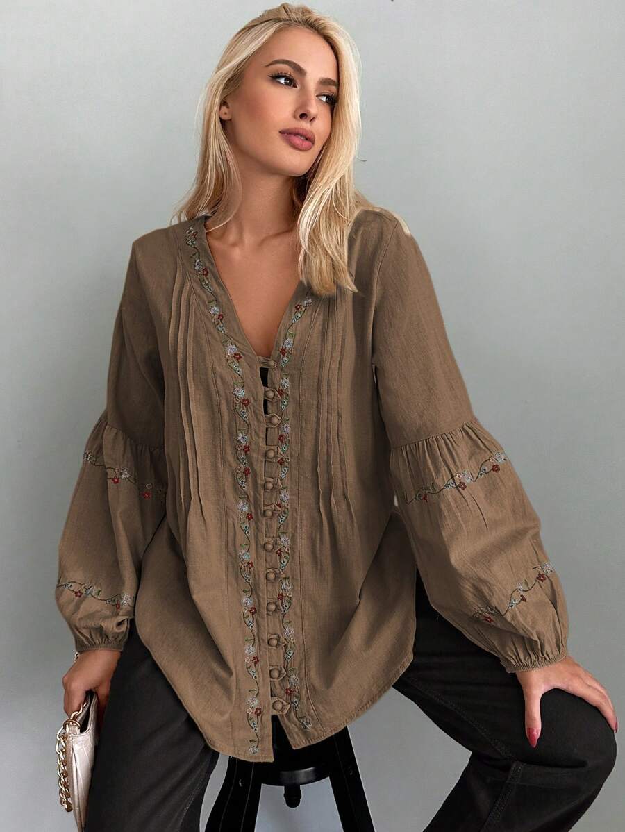 SHEIN Cottnline Floral Embroidered Lantern Sleeve Blouse - Brown - View 1
