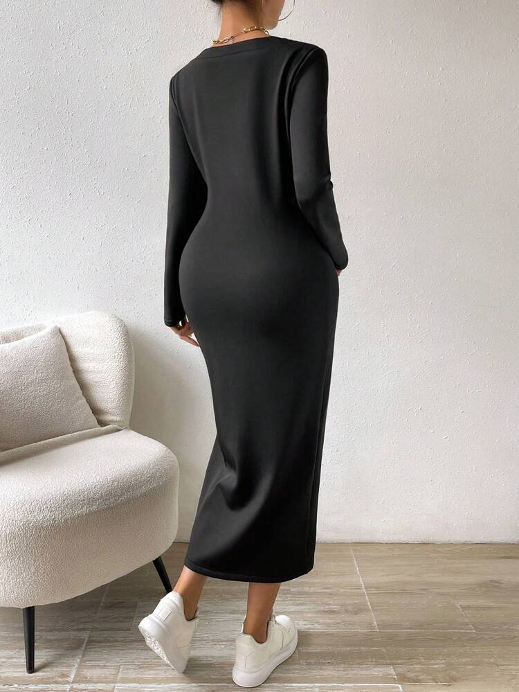 Solid Color Thermal Lined Button Front Dress