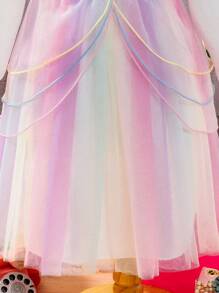 SHEIN Young Girl Rainbow Puffy Tulle Mesh Cake Dress, Suitable For Gorgeous Autumn - Multicolor - View 6