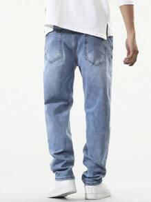 Manfinity EZcore 男士斜口口袋破洞直筒牛仔褲，寬鬆洗水光面藍色連帽衫街頭穿搭調韻