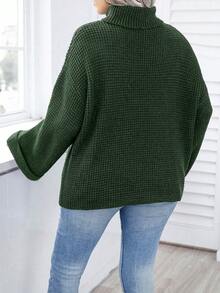 Calvaya 大尺寸純色高領落肩毛衣 - 墨綠色 - 查看 2