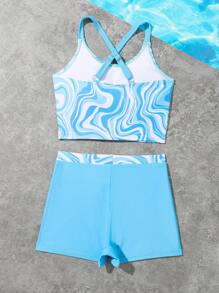 Tween Girl Marble Print Tank Top & Shorts Tankini Set - Multicolor - View 2