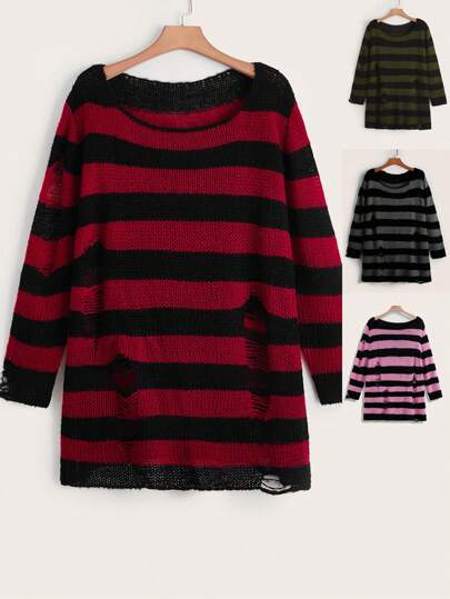 Suéter largo con rayas desgarradas y talla grande para mujer, para el invierno