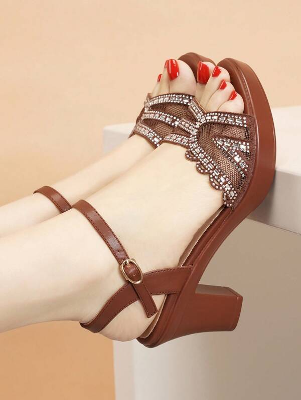 Summer Fashion New Casual Party Office Comfortable Round Toe Wedge Heel Ladies Shoes, Waterproof Platform, Peep Toe, Rhinestone & Mesh, Brown Color, Versatile High Heel Sandals For Women