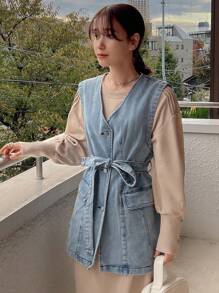 FRIFUL Women's Belted Denim Vest Jacket - Medium Wash - View 3