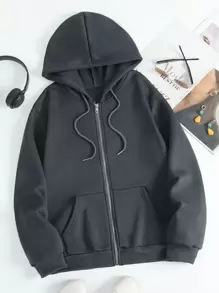 SHEIN EZwear Hoodie Dây kéo Lót nhiệt Dây rút - Màu xám đen - Xem 1