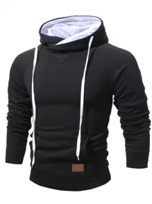 Manfinity Homme Áo hoodie nam có túi vá, dây rút, tay dài, đi chơi, thường ngày, họa tiết, áo hoodie nam, áo hoodie, áo nỉ nam - màu đen - Xem 1