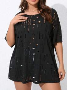 SHEIN LUNE Kích thước lớn Quý cô Dệt kim Lỏng lẻo phù hợp Xu hướng: Cắt giảm Áo - màu đen - Xem 4