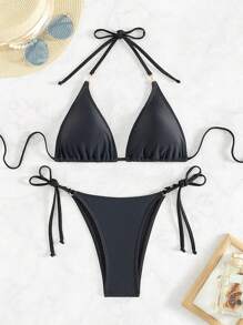 Swim SXY 夏季海滩女士金属扣吊带比基尼套装 - 黑色 - 查看 3