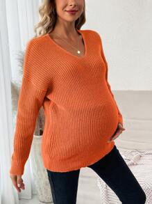 SHEIN Maternity Deep V-Neck Ribbed Knitted Drop Shoulder Sweater - Orange - View 4