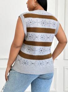 SHEIN EZwear 加大尺碼1件條紋圖案毛衣背心 - 彩色 - 查看 2