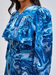 Hena 设计师大理石印花灯笼袖荷叶边下摆优雅连衣裙，适合假期 - 彩色 - 查看 7