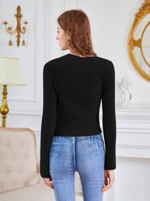 SHEIN MOD 女士不对称领纯色毛衣 - 黑色 - 查看 5