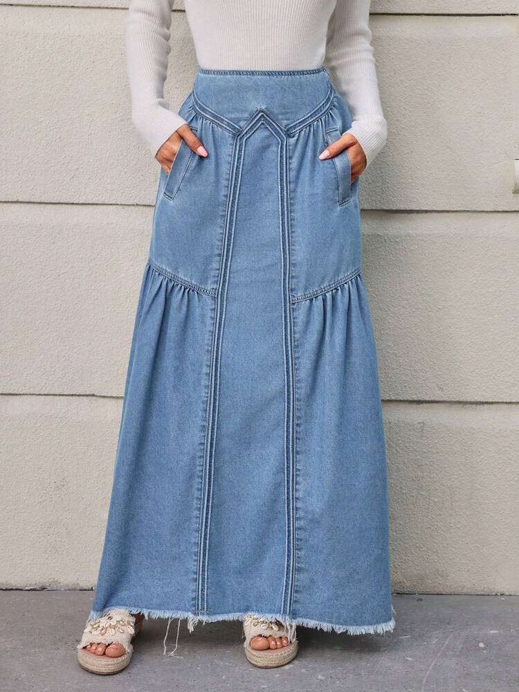 Denim Skirt With Diagonal Pocket And Fringed Hem