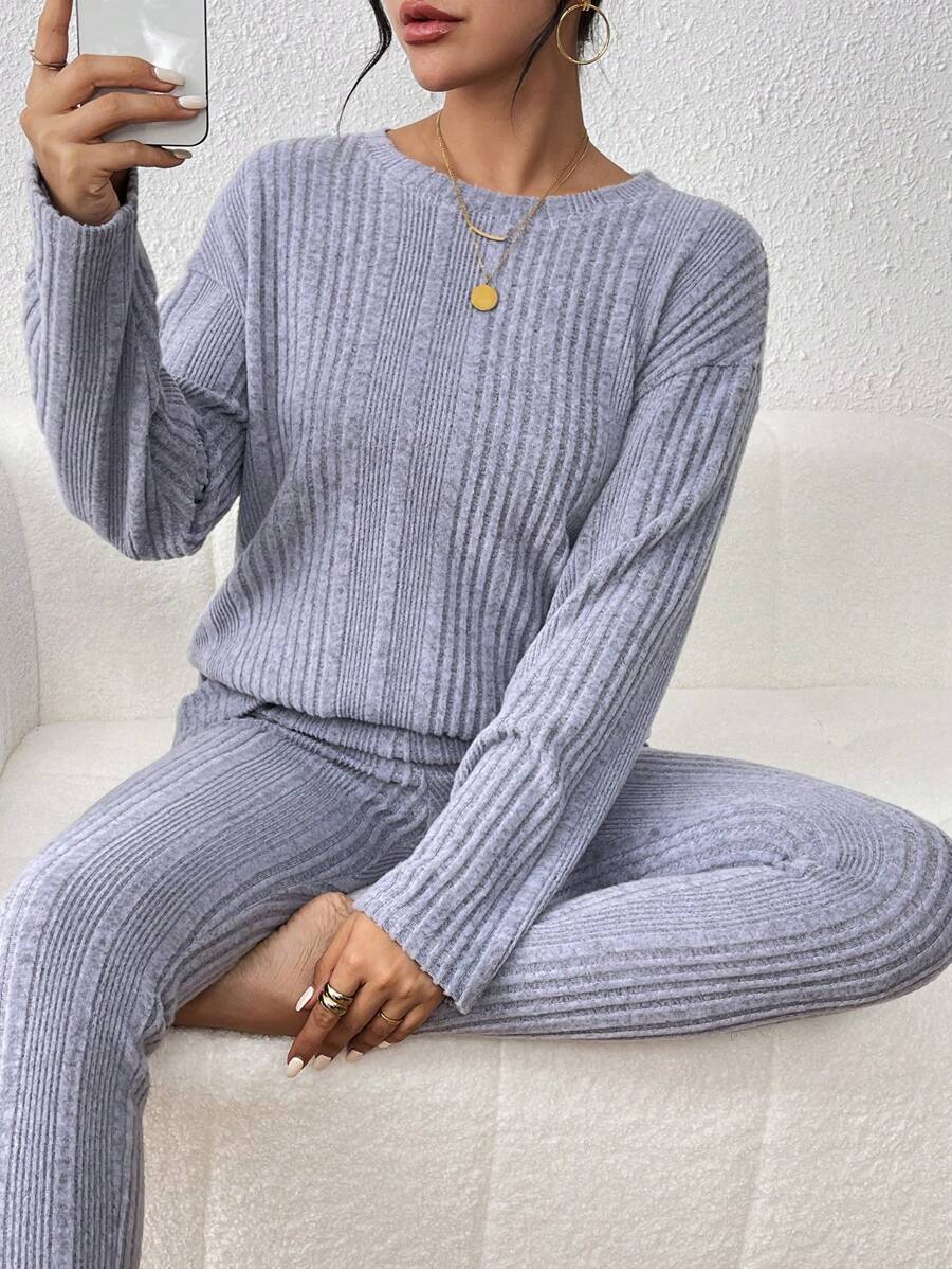SHEIN Frenchy 女款下垂肩針織上衣和褲子套裝 - 霧霾藍 - 查看 1