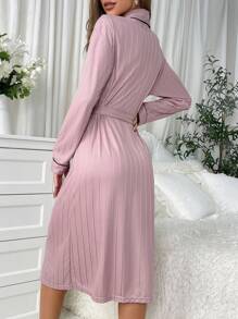 Contrast Trim Belted Kimono Robe With Shawl Collar - Dusty Pink - View 2