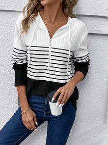 SHEIN LUNE In sọc Một nửa khóa kéo Dây rút áo có mũ Áo thun - Nhiều màu - Xem 6