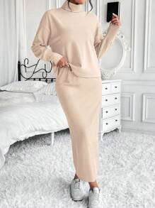 SHEIN Frenchy 女士高口袋落肩上衣和裙子套裝 - 杏色 - 查看 1