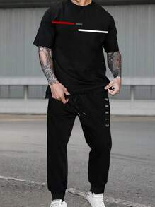 Manfinity Homme 2 件/套男士純色短袖圓領 T 恤和運動褲 - 黑色 - 查看 1