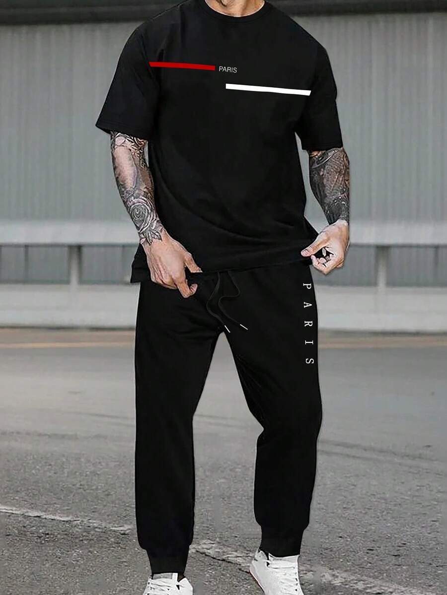 Manfinity Homme 2 件/套男士純色短袖圓領 T 恤和運動褲 - 黑色 - 查看 1