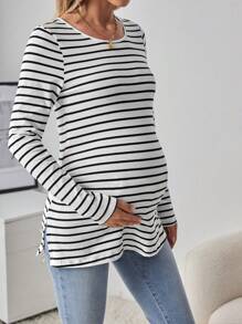 SHEIN Maternity Striped Side Slit T-shirt - White - View 5