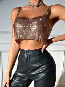 Allurite Sparkling Backless Camisole Top - Coffee Brown - View 3