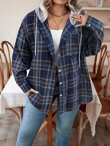 Calvaya Plus Size Hooded Plaid Drawstring Casual Shirt - Navy Blue - View 6
