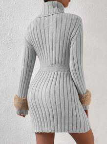 Chiquease Slim Fit Turtleneck Sweater Dress Without Waist Belt - Grey - View 2